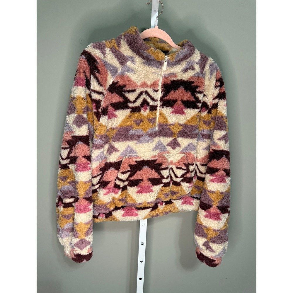 AERO Southwestern Aztec Sherpa 1/4‎ Zip Fleece Pullover XL Kangaroo Boho Rustic